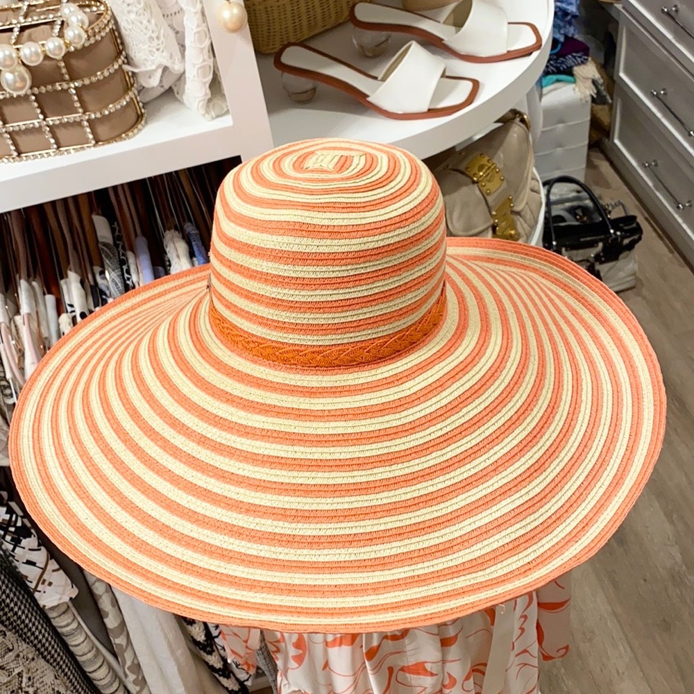 Striped Orange and Cream Wide Brim Hat